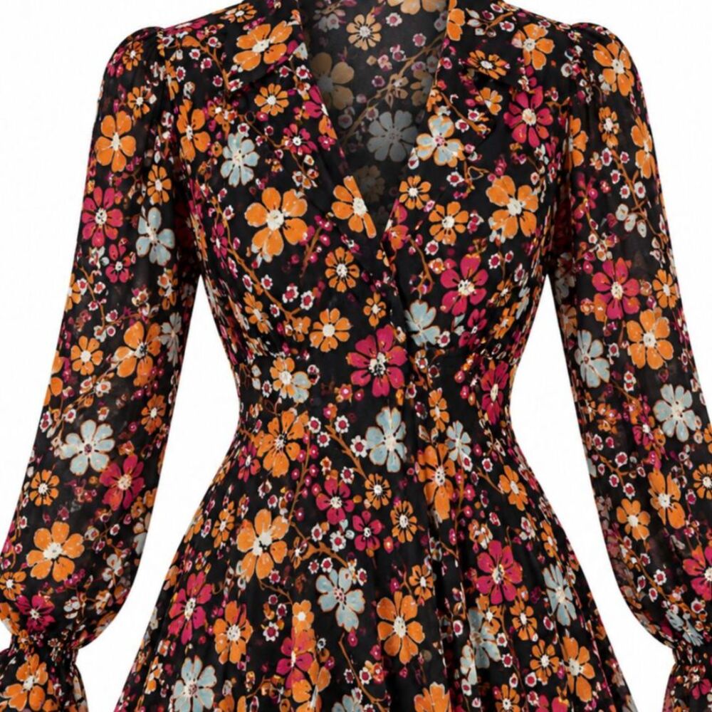 Free People Black Floral Boho Mini Dress Size Small Long Sleeve Tie Neck